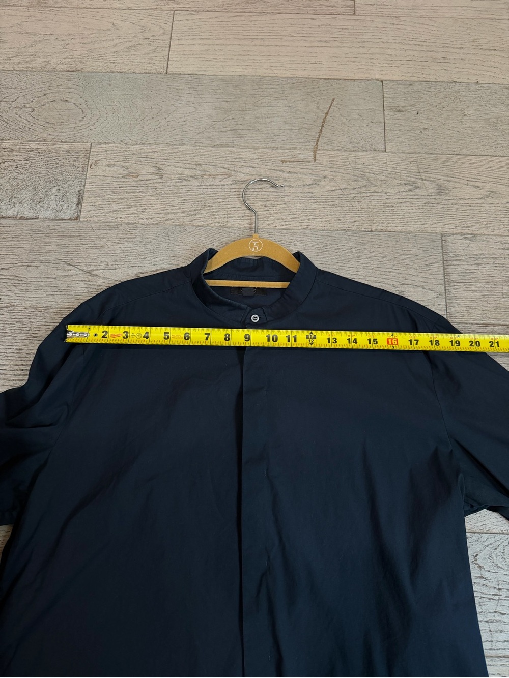 COS Navy Blue Grandad Collar Shirt Cotton Poplin Band Mandarin Collar Top Sz L - Picture 10 of 12